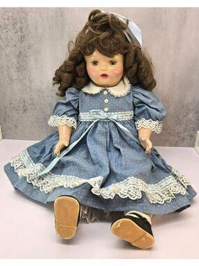 Vintage Composition Doll In Blue Lace Dress With Curly Hair Sleep Wake BA204